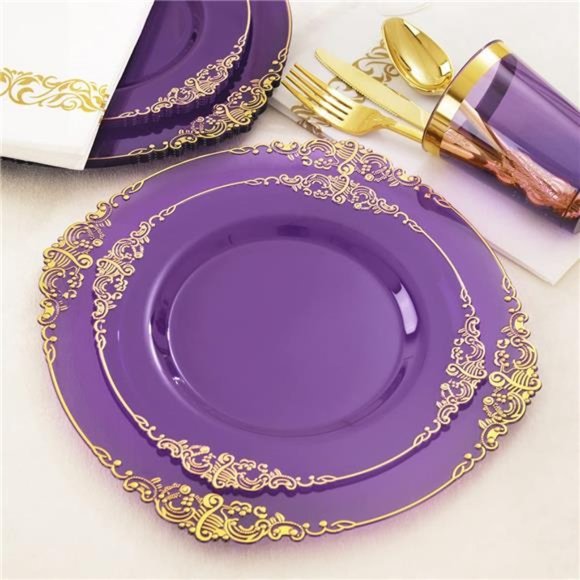 175PCS Clear Purple Plastic Plates - Gold Plastic Plates for 25 Guests - Picture 2 of 6